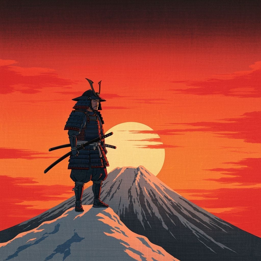 Samurai Silhouette at Sunset in Ukiyo-e Style