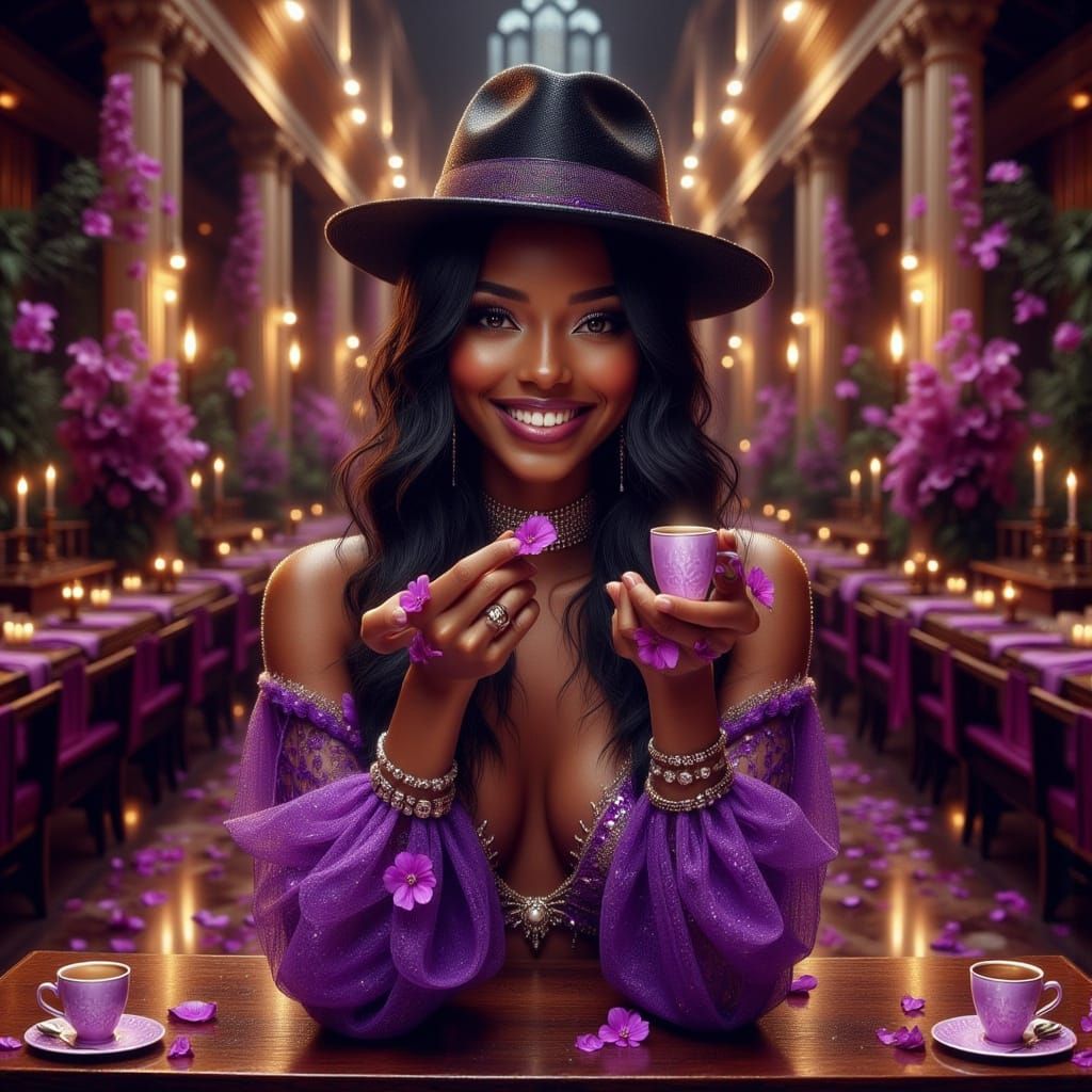 Jamaican Woman in Violet Lace with Fire Roses