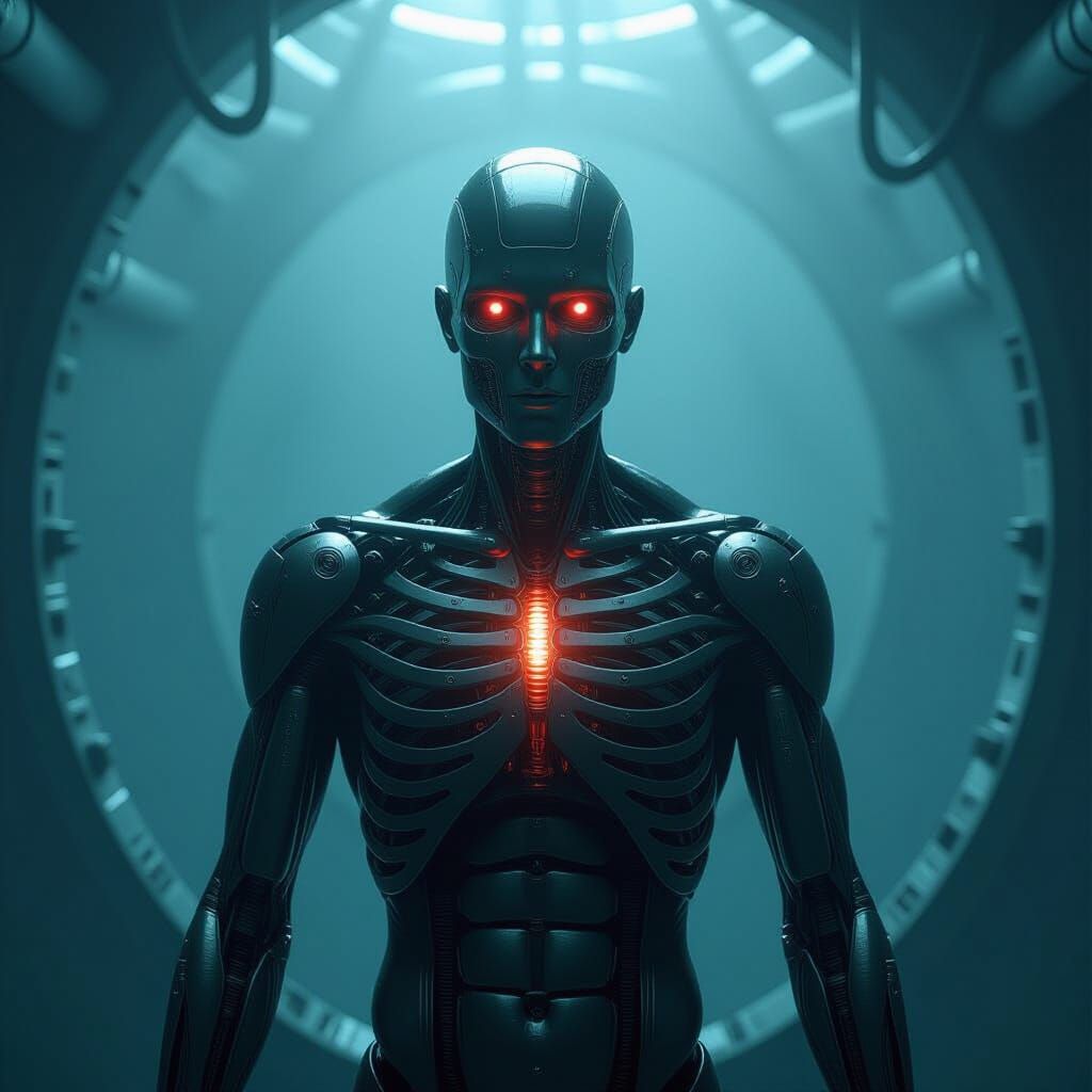 Biomechanical Figure in Womb, Hyper-Detailed Surrealism