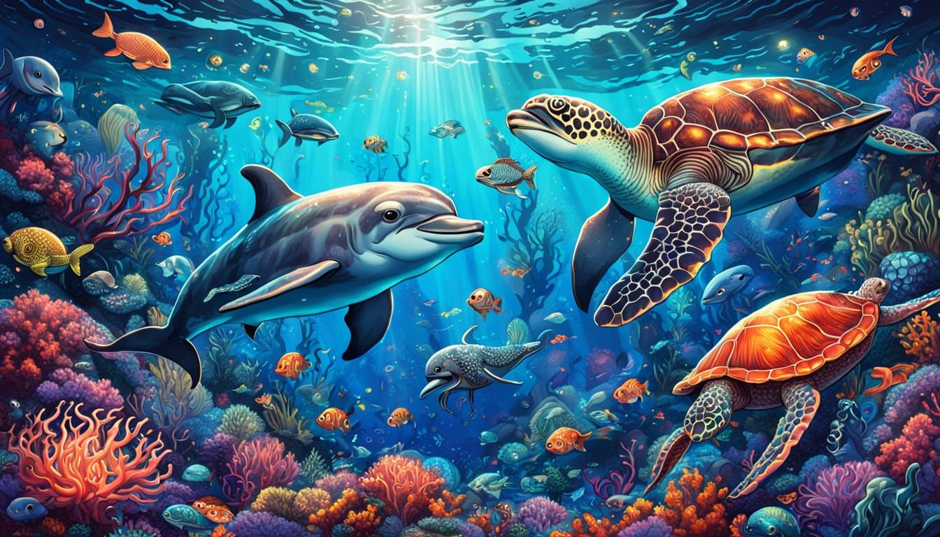 Kawaii Style Coral Reef Scene with Sea Life