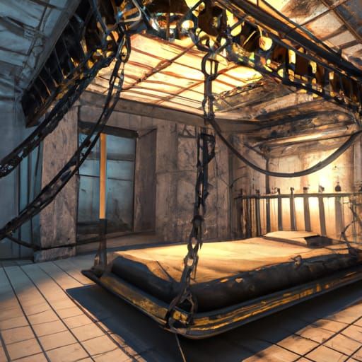 A comfortable bed hung to the ceiling by large, iron chains!