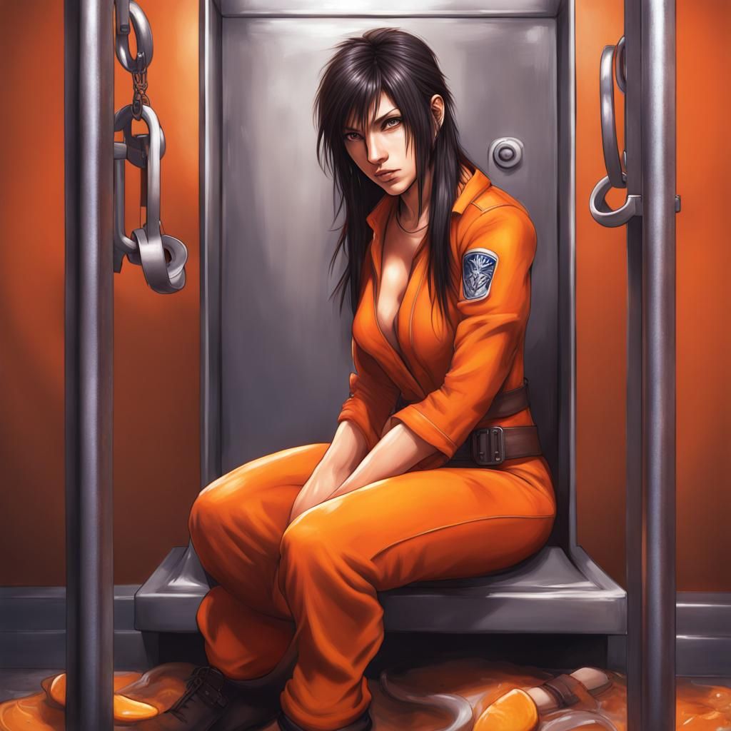 Woman in Orange Jumpsuit Behind Bars: Hyperrealistic Art