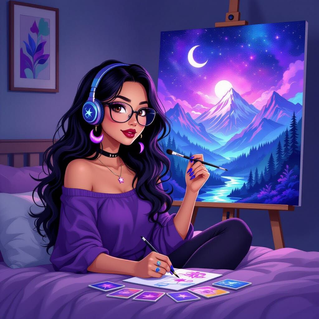 Animated Woman Creates Galaxy Landscape Painting