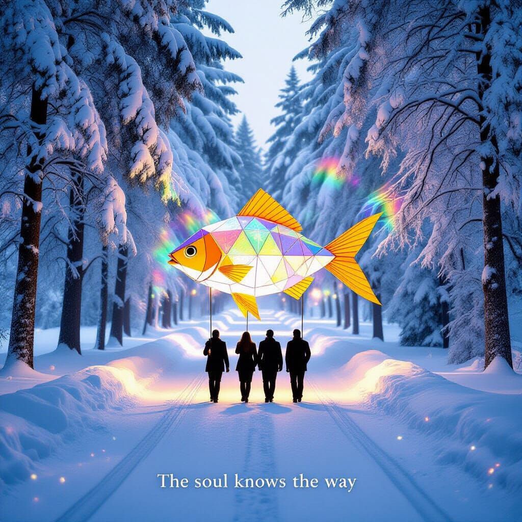 Surreal Snow Road With People Carrying Golden Fish