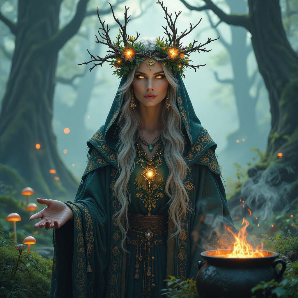 Forest Witch with Glowing Eyes, in Art Nouveau Style