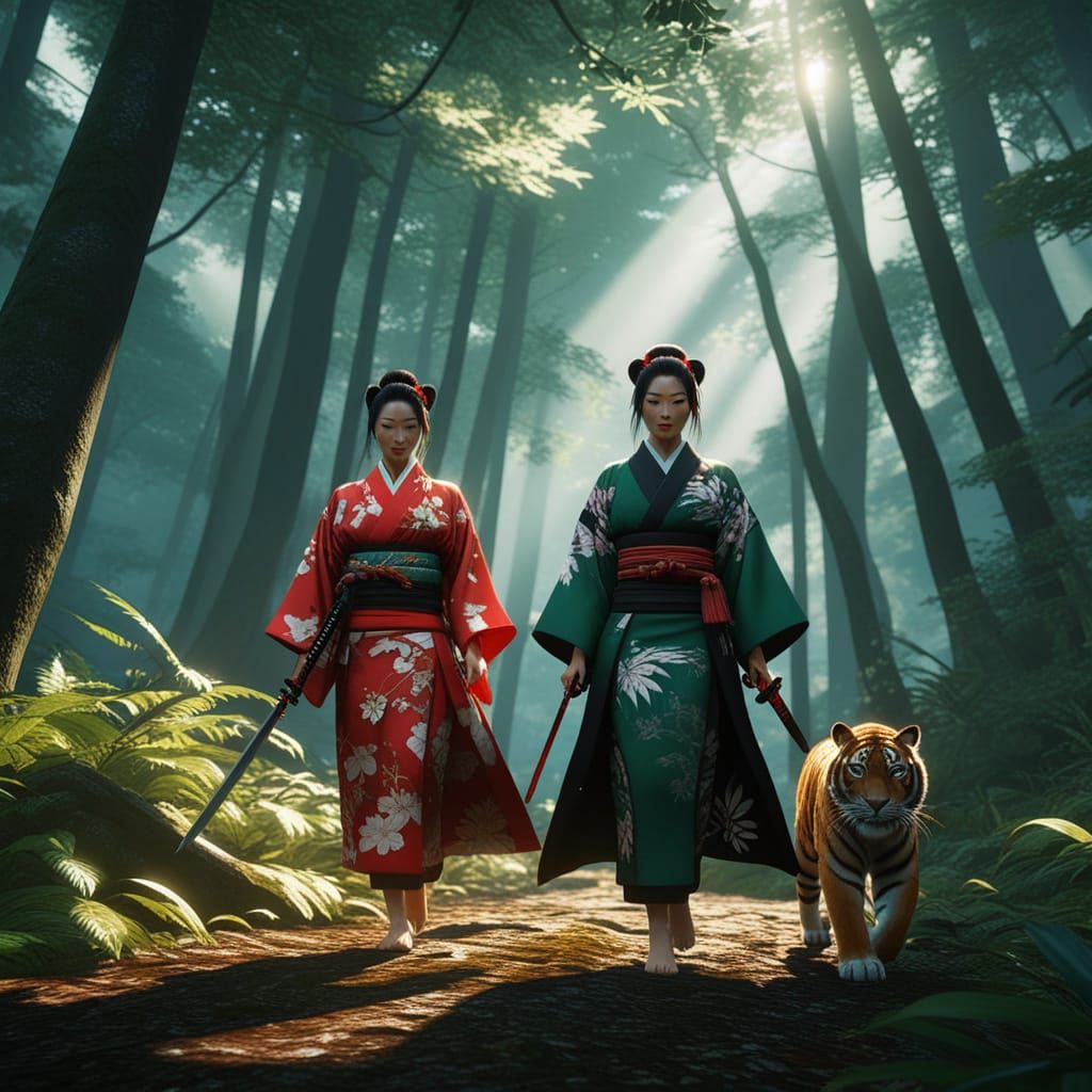Mystical Forest Encounter in Traditional Japanese Style