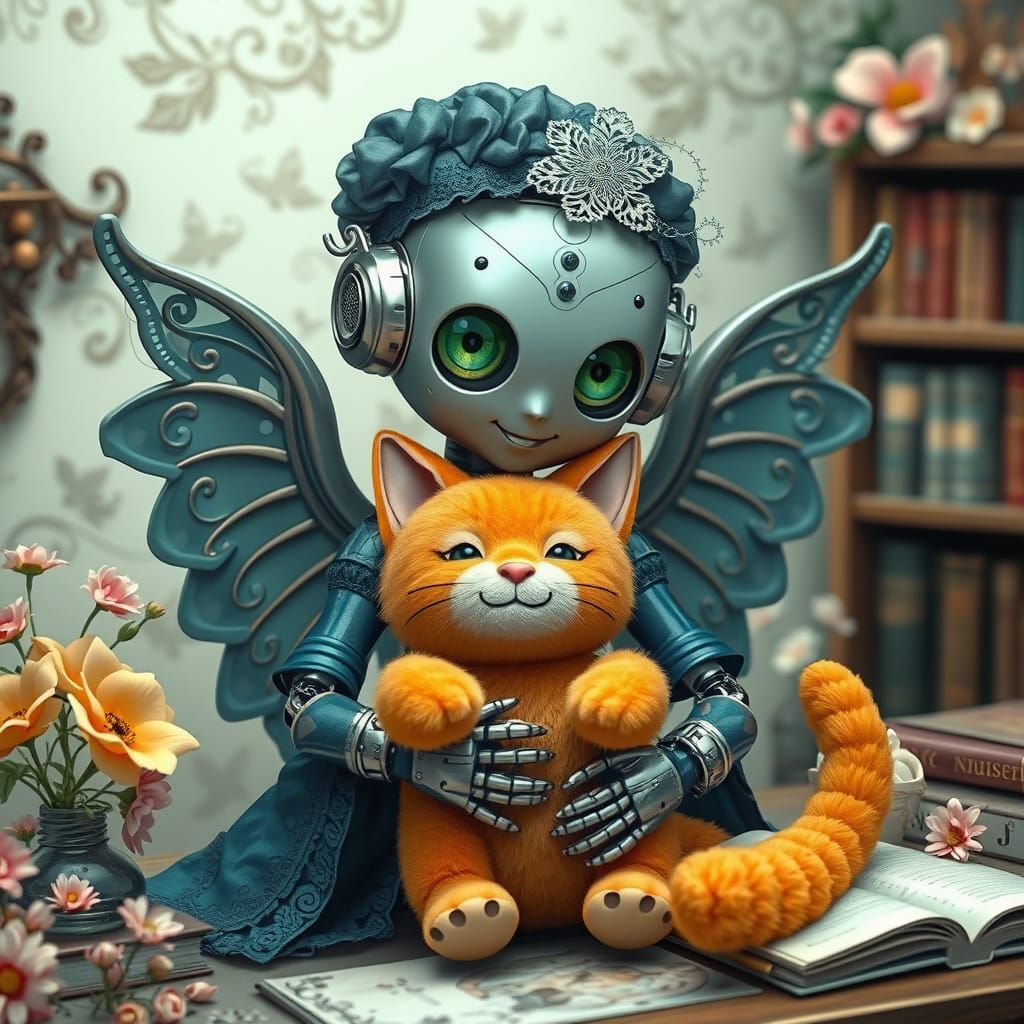 Steampunk Robot with Stuffed Cat in Futuristic Setting