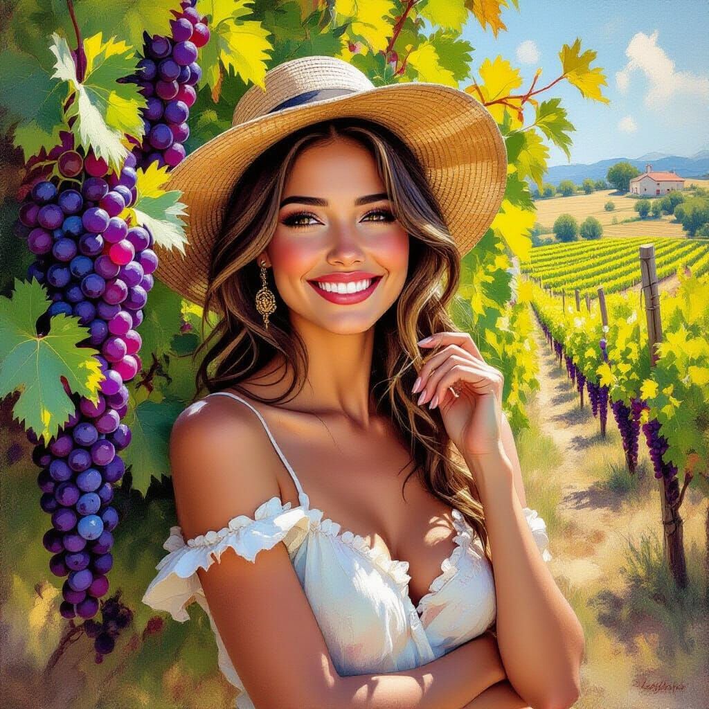 Smiling Woman in Vineyard, Impressionistic Art Nouveau Style