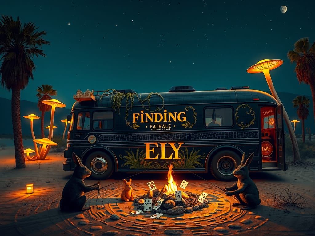 Steampunk Bus in Desert Night Scene