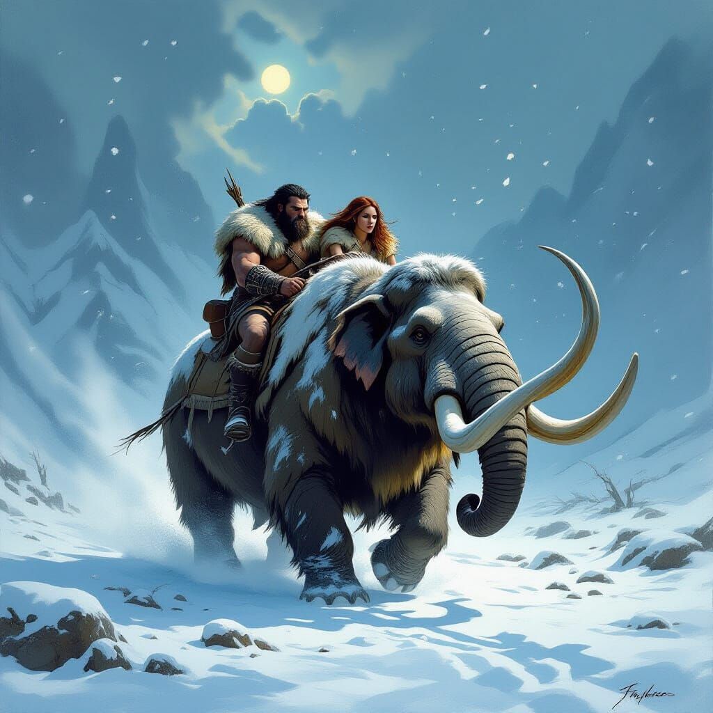 Neanderthals Ride Mastodon South Through Snowy Landscape