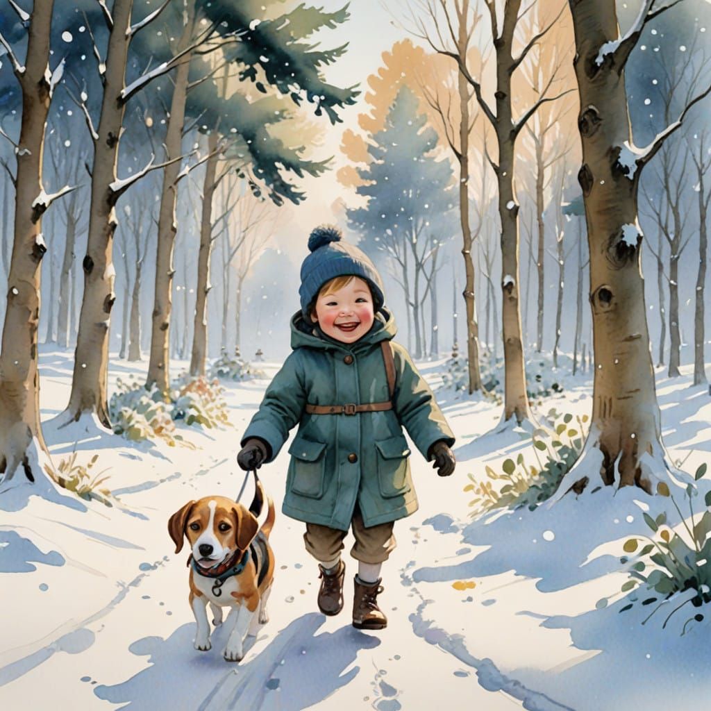 Whimsical Winter Wonderland with Toddler and Beagle Puppy