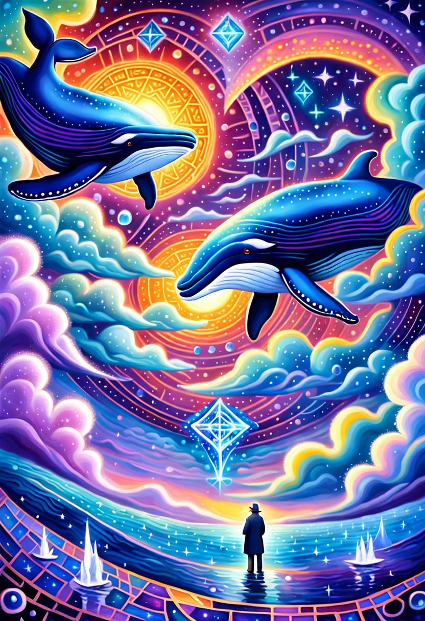 Whales Swimming in Starry Waters: Dreamlike Fantasy Art