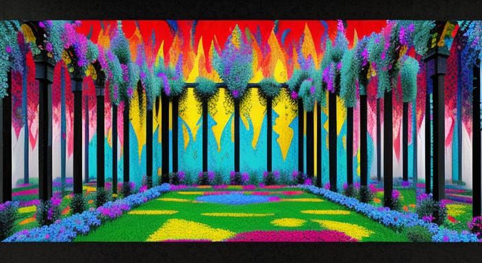 Burning Hedge Maze in Kaleidoscopic Garden as Byzantine Art