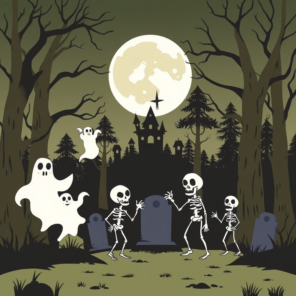 Spooky 1920s Silhouette Cartoon with Ghosts and Skeletons