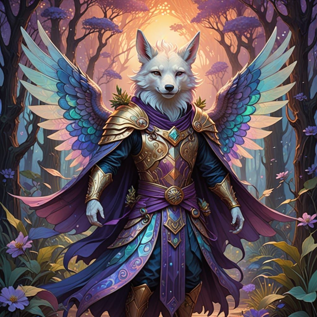 all vibrant swishy purprite-opal sparkle wings on an albino anthropomorphic purprite-opal male fairy-Coyote God in a loi...