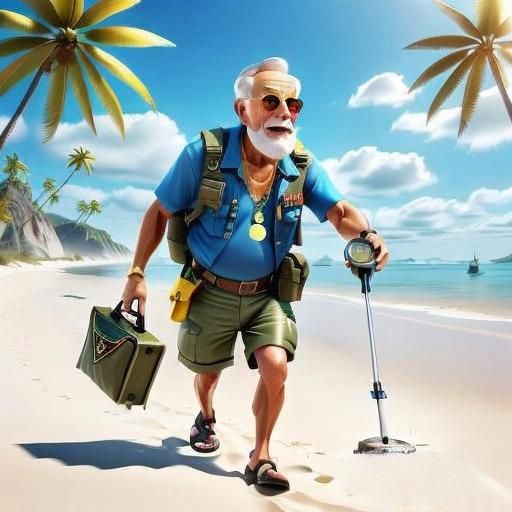 Humorous Old Man Walks on Beach in 3D