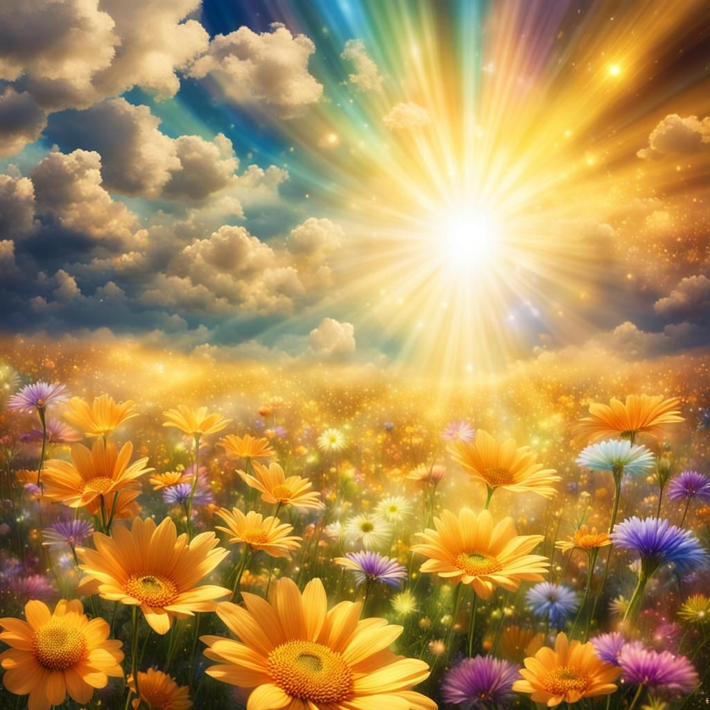 Heavenly Field of Rainbow Flowers in Golden Light