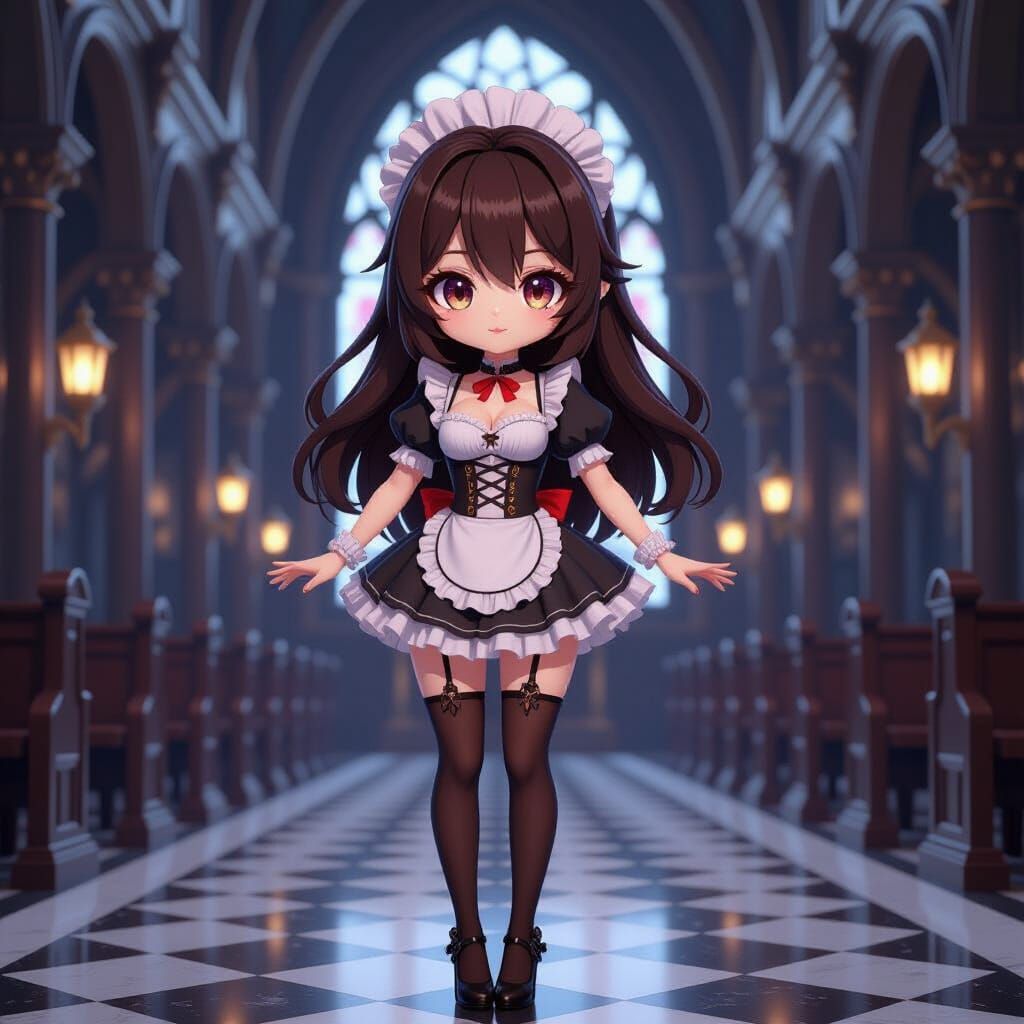 Chibi Fallen Nun Demoness in Gothic Cathedral