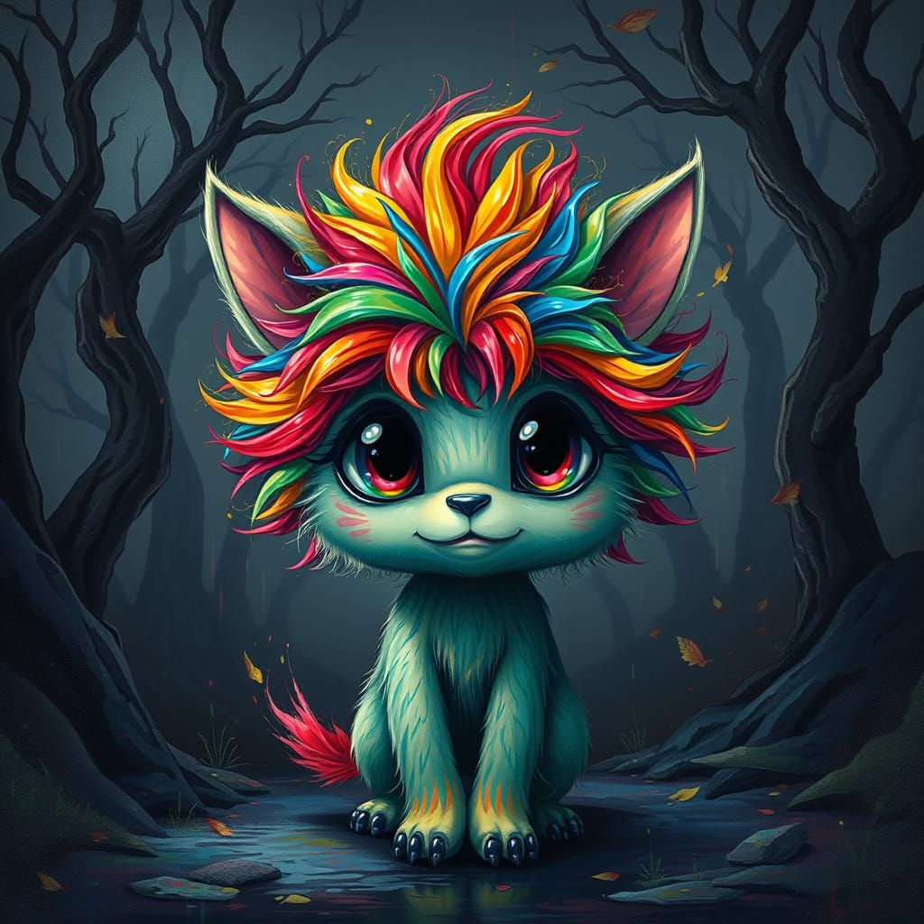 Whimsical Rainbow Beast Emerges from Dark Woodland