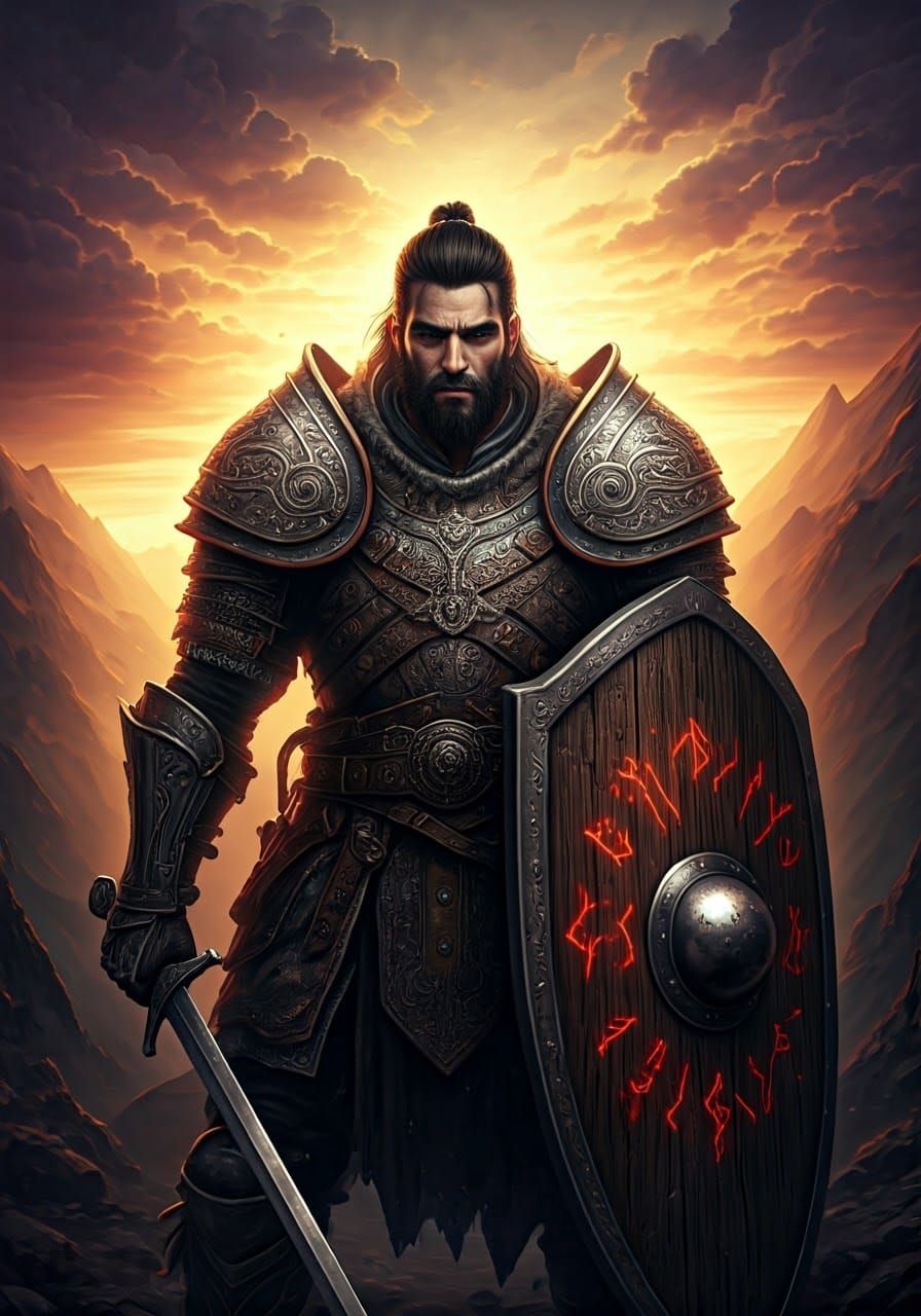 Elegant Warrior Stands Tall Against Majestic Mountain Landsc...