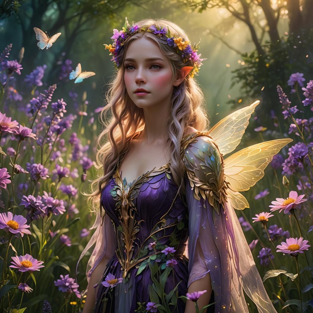 Ethereal Fairy in Enchanted Flower Meadow: Fantasy Art
