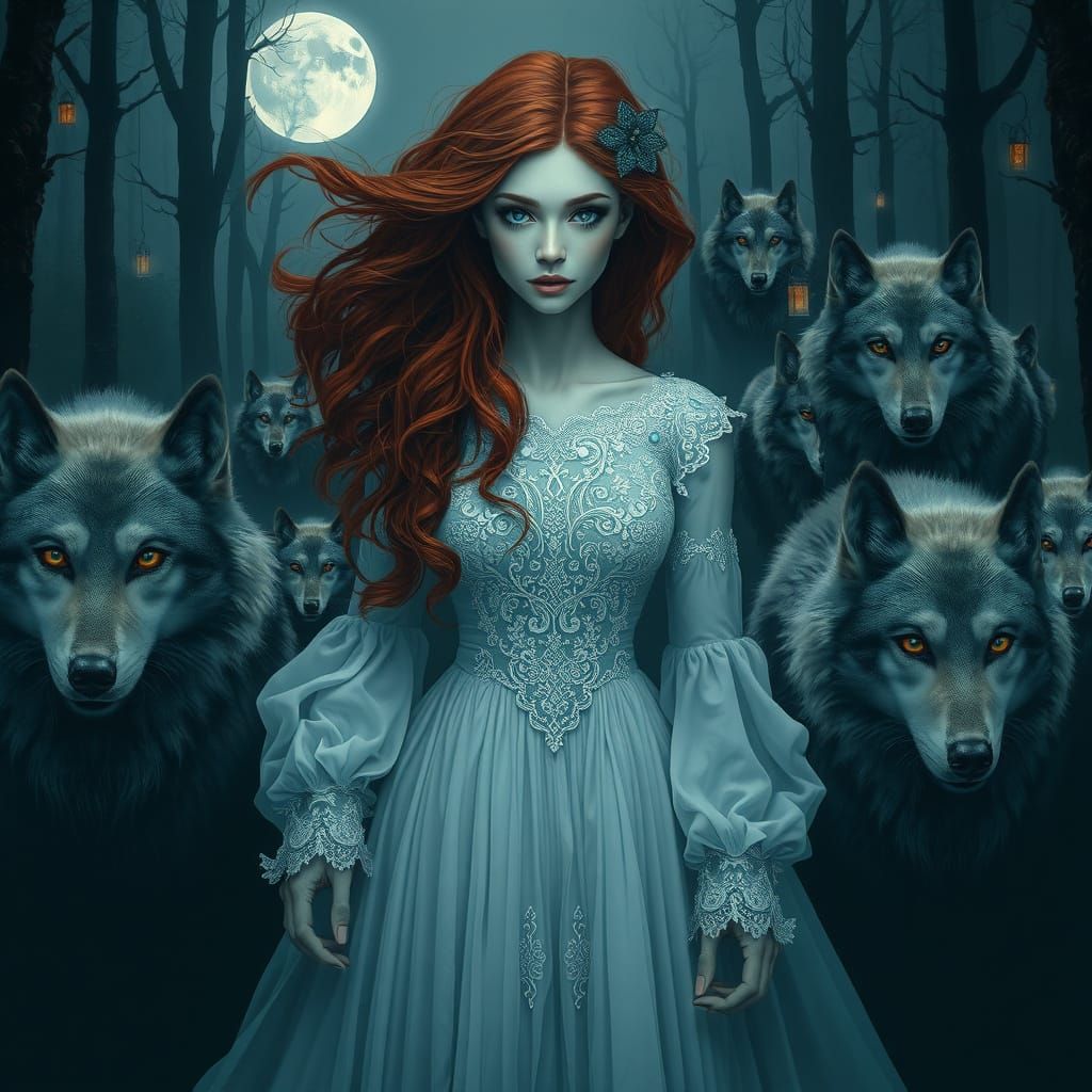 Mystical Redheaded Woman Enchants Gray Wolves in Moonlit For...