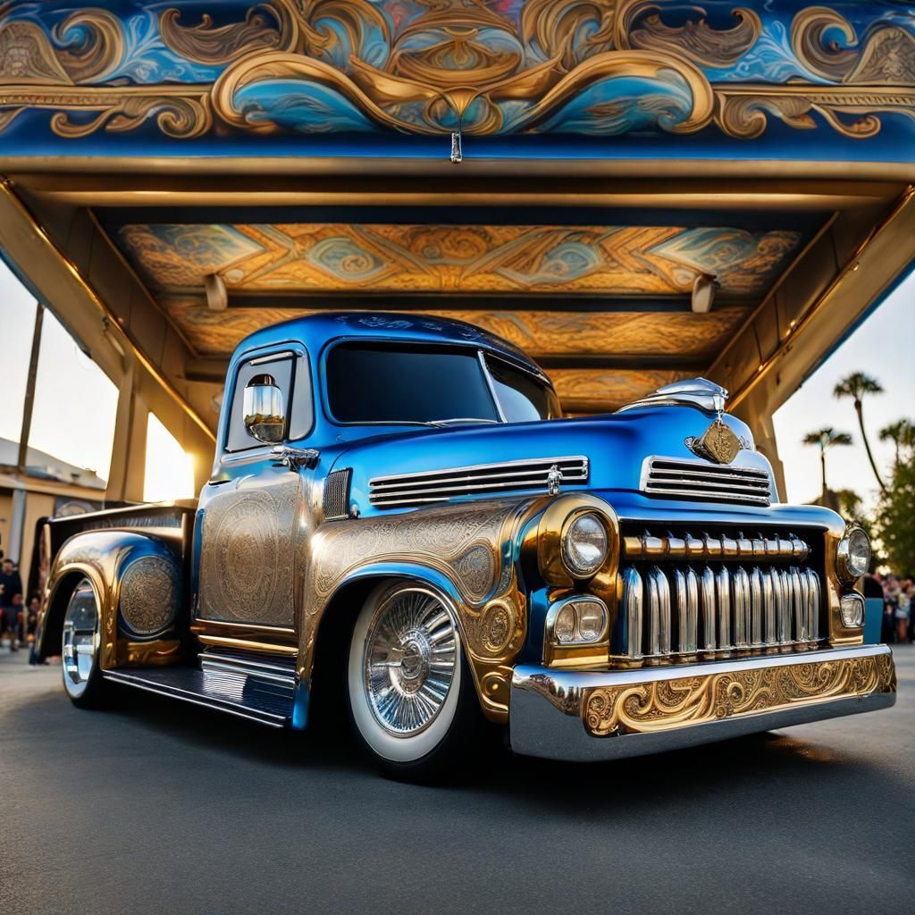 Detailed Lowrider Truck with Engravings and Murals