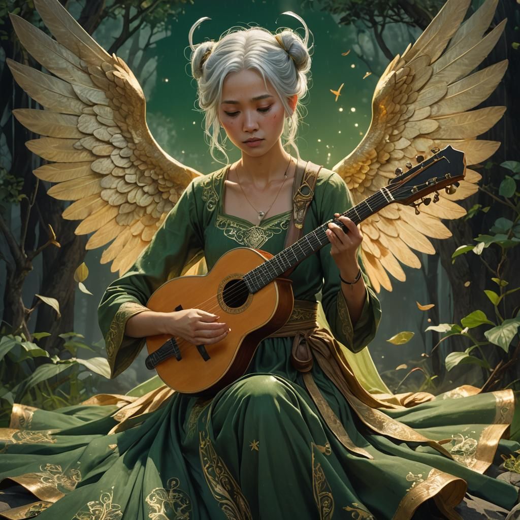 Fallen Aasimar Plays Mandolin: Fantasy Art