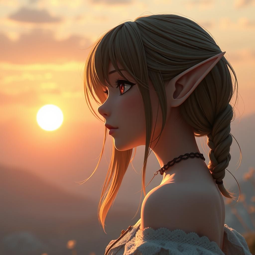 Anime Elf Girl Stares into Sunset, 3D Render