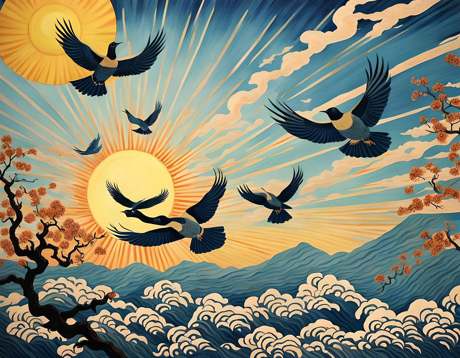 Birds Flying in Sunny Sky: Woodblock Print Style