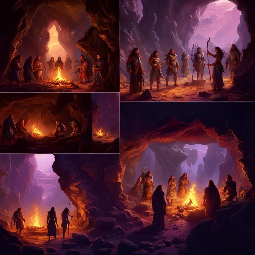 Ancient Cave Dwellers Gathering: Dark Fantasy Concept Art