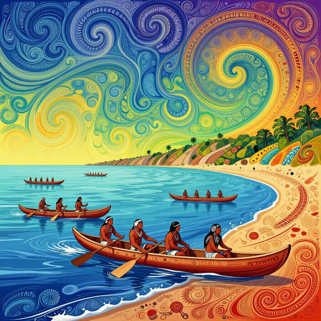 Indigenous California Coastline Fishing in Abstract Vector S...
