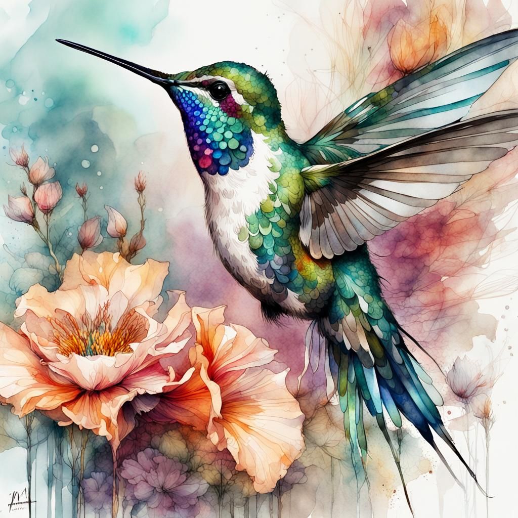 Hummingbird in Fantasy Watercolor Fairytale Illustration