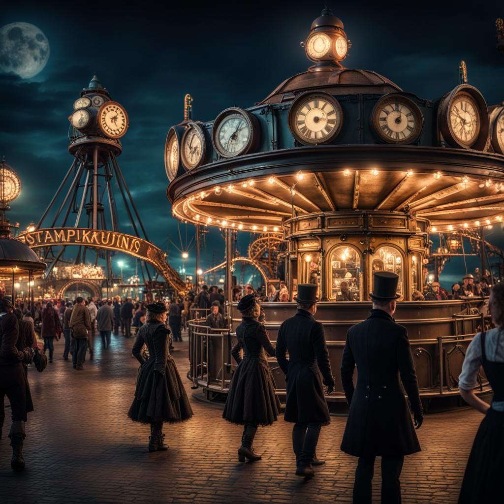 Steampunk Theme Park Entrance at Night in 8K