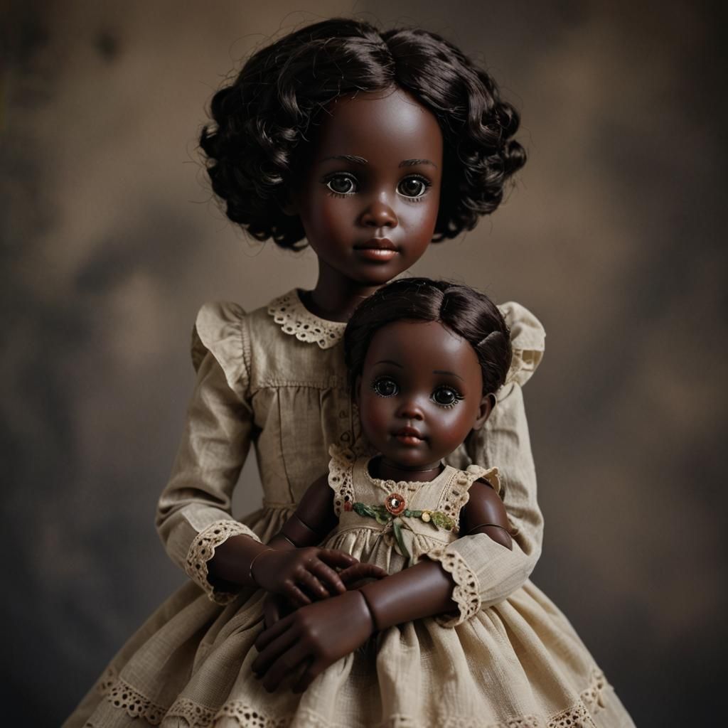 A Young Girl Lovingly Holds a Doll in Her Dark Skinned Hand