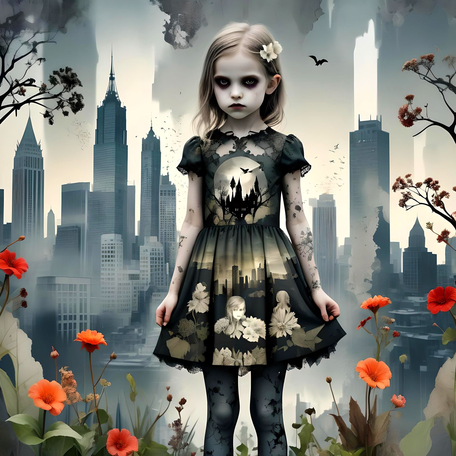 Vampire Nature Goddess Over City, Double Exposure Photo