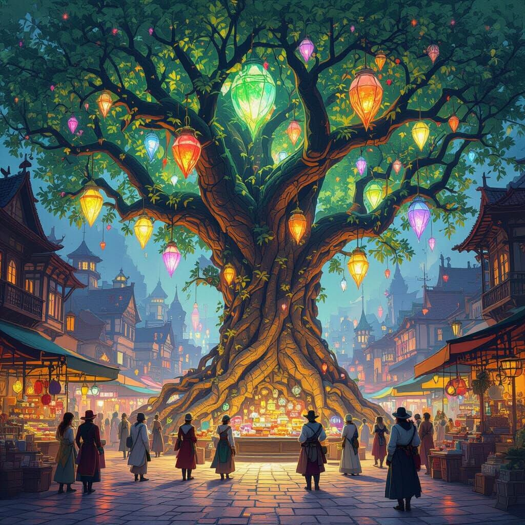 Ancient Tree in Neon Market Square