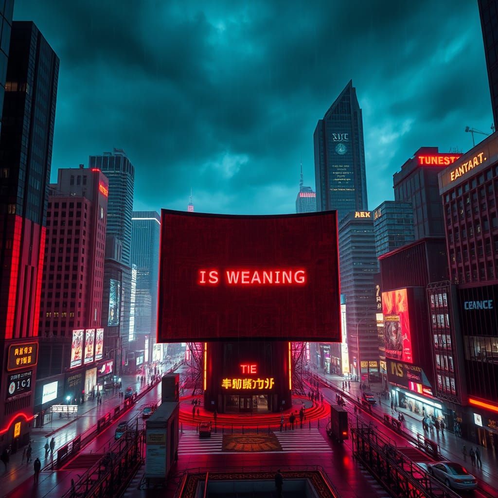 Dystopian Metropolis: Giant Screen Warning in Cyberpunk Styl...
