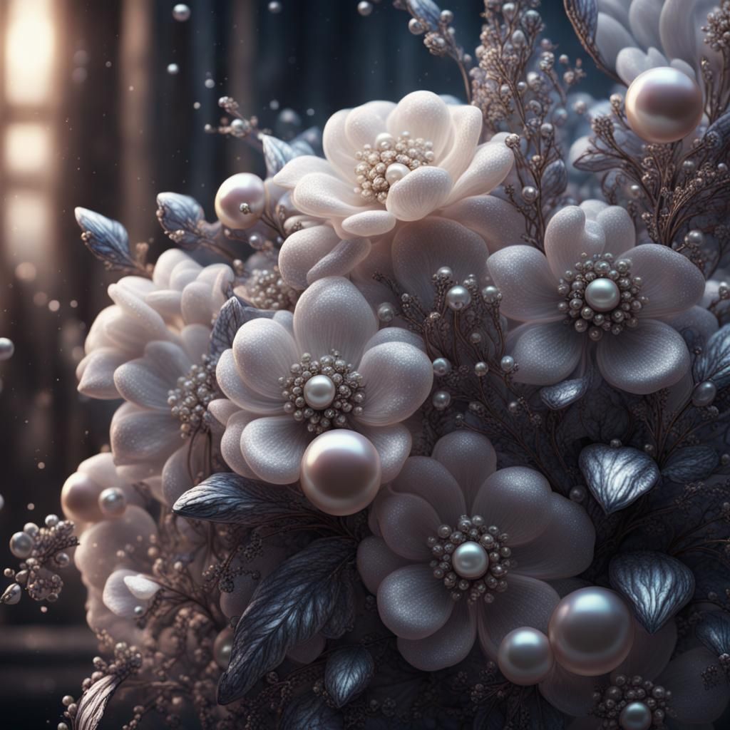 Pearl Flowers and Silver Dust Bouquet in Matte Painting Styl...