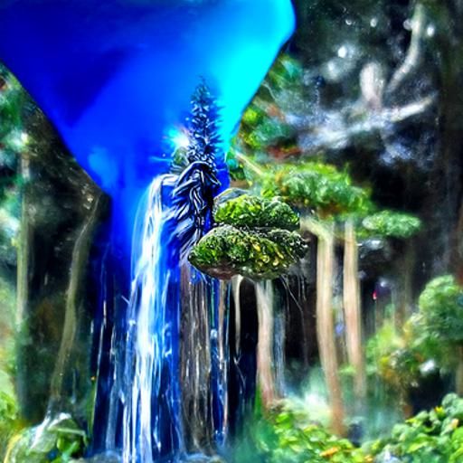 Blue Elven Forest Waterfall in Astral Cosmic Style