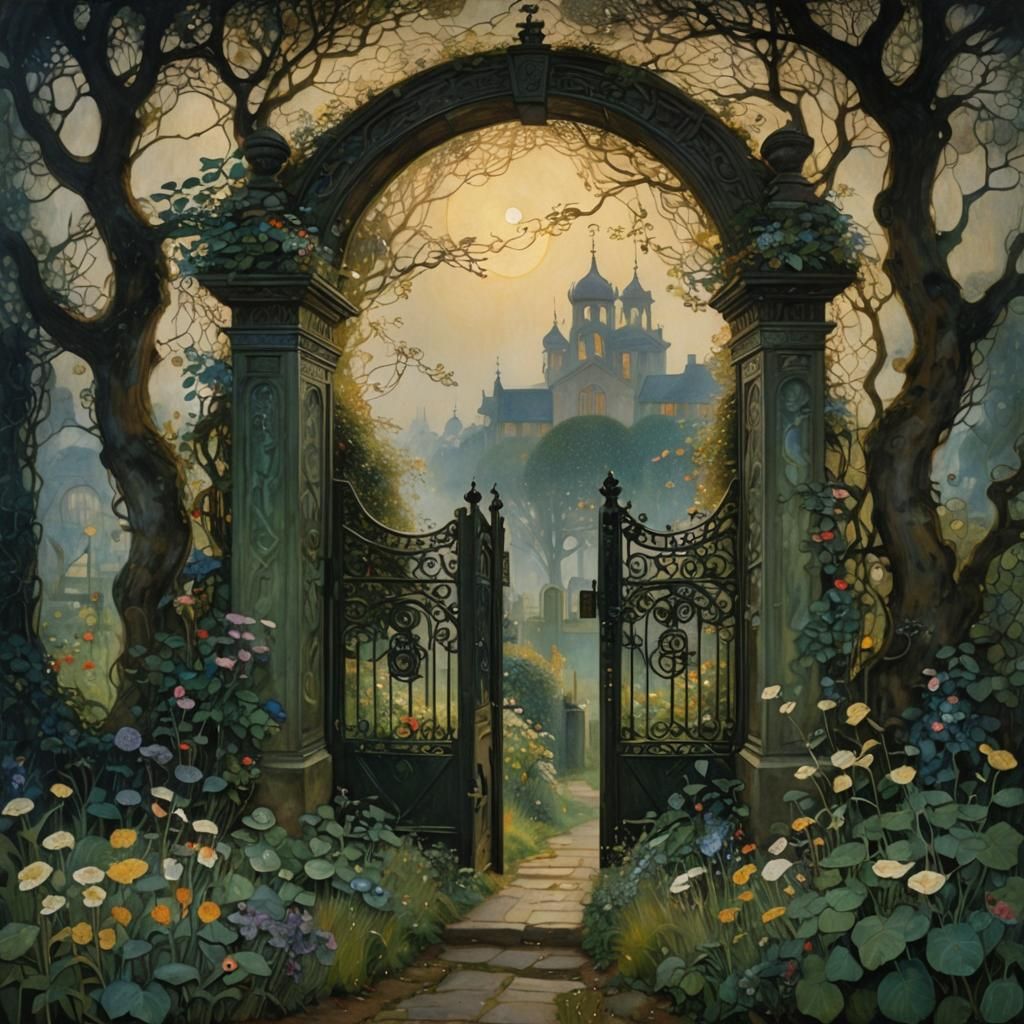Garden Gate in Haze: Art Nouveau Style