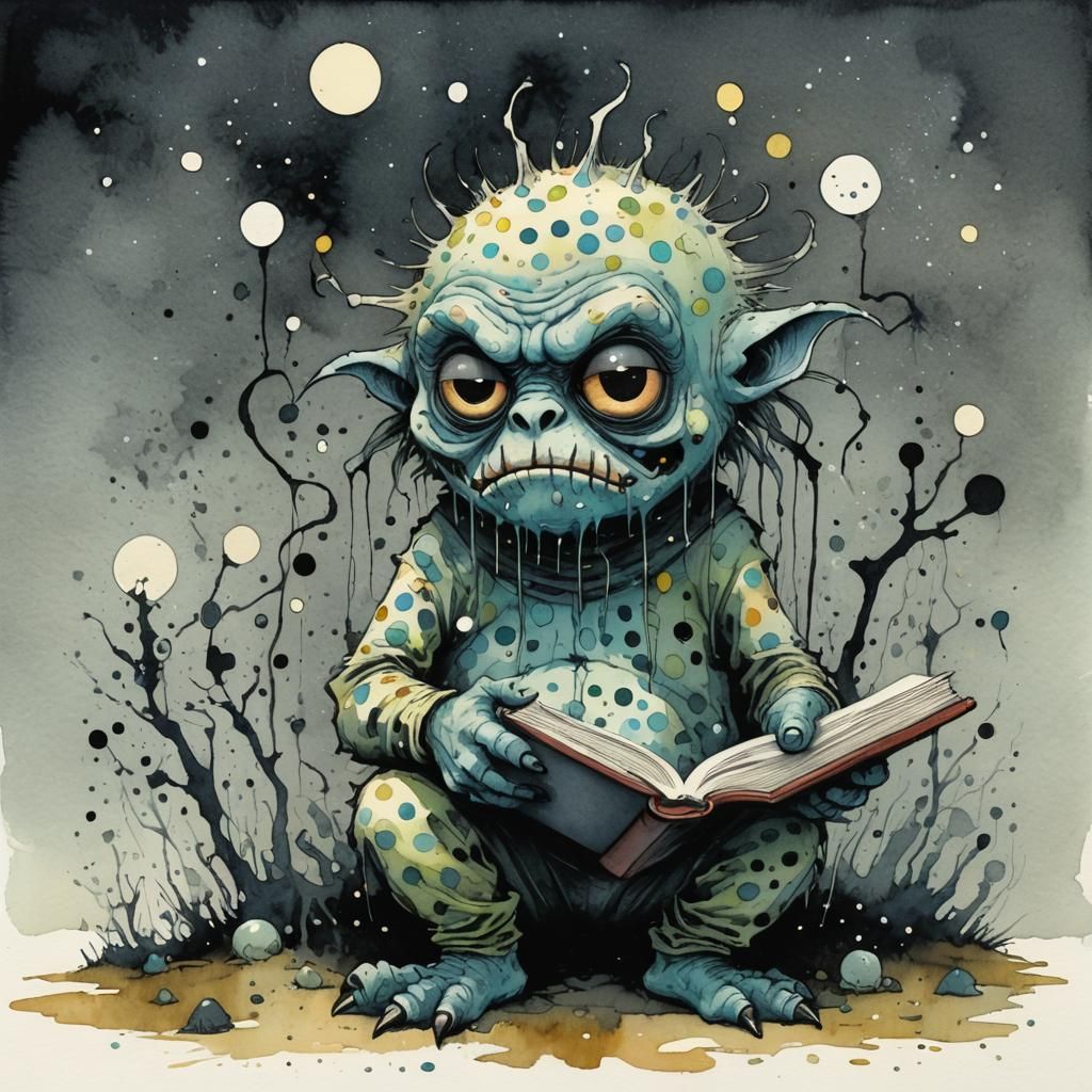Grumpy Monster Reading: Surreal Watercolor Art