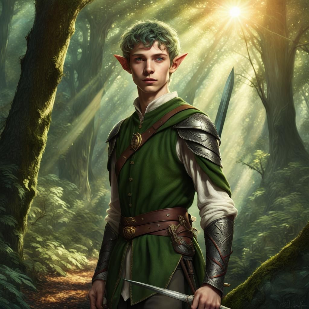 Handsome Elf with Longsword in Forest, Fantasy Art