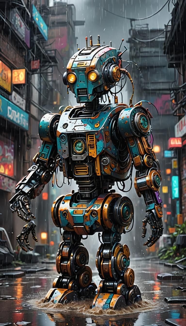 Rainfall Behind Robot Clock in Graffiti Art Style