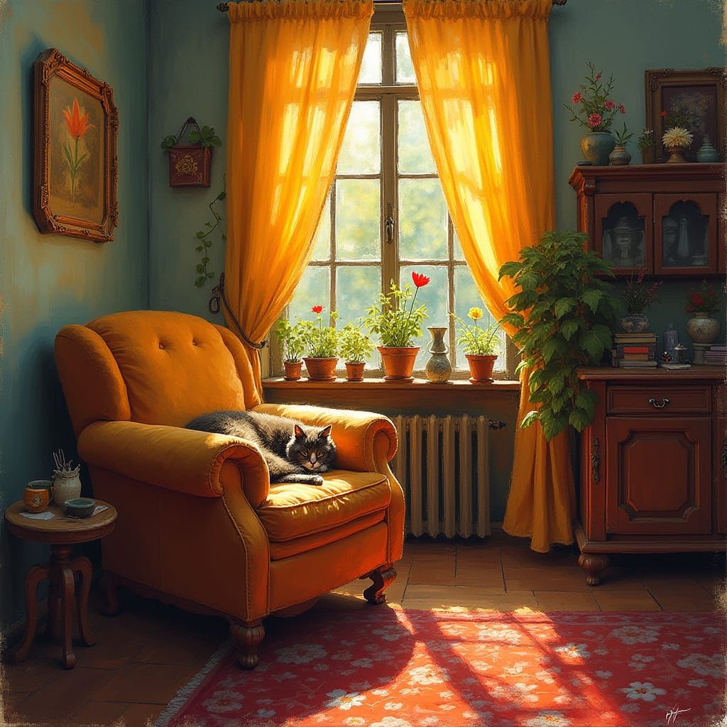 Cozy Living Room with Cat in Expressionist Style