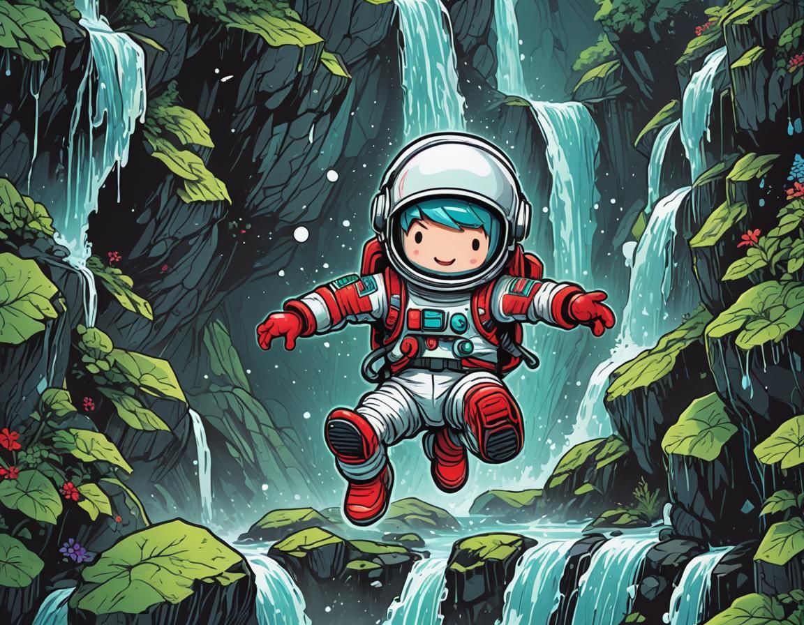 Ultra cute Chibi leaping spaceman with extra Frozen waterfal...