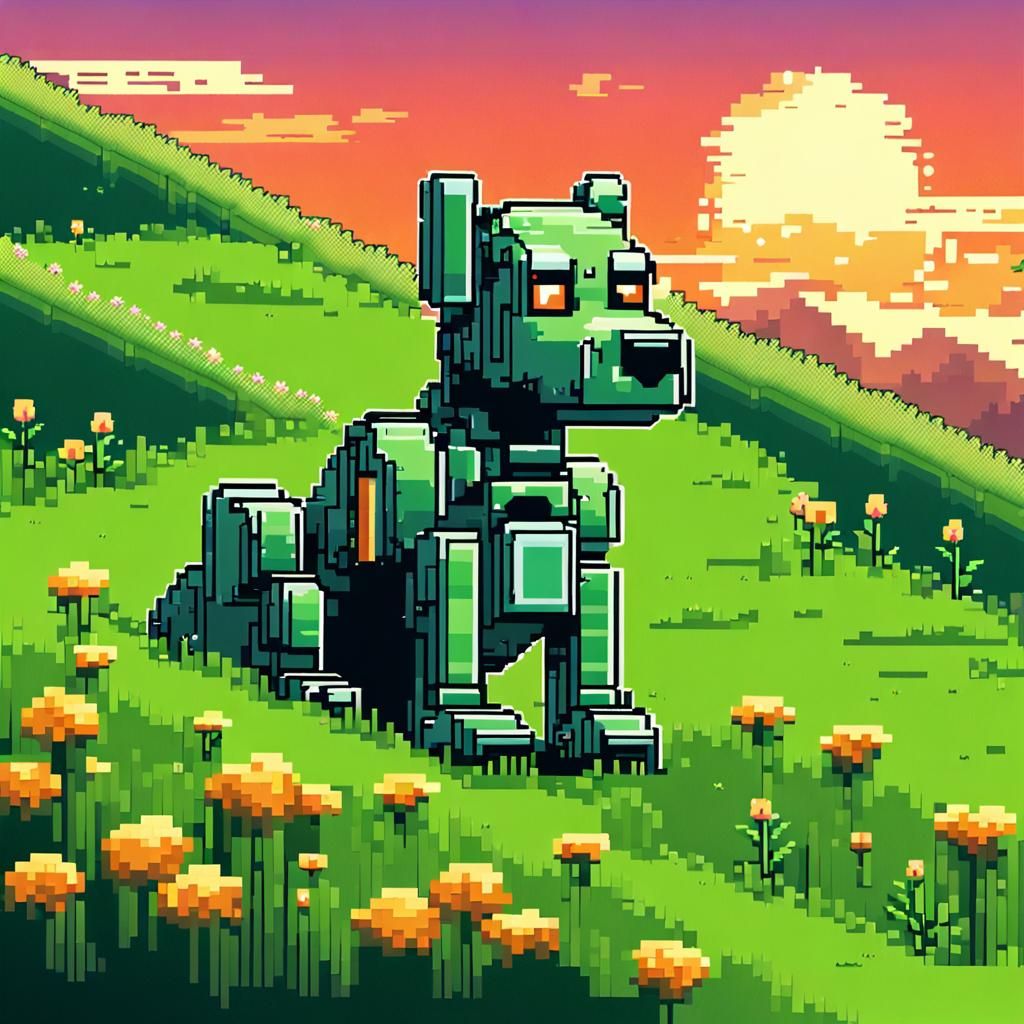 Robotic Dog in Pixel Art on Grassy Hill