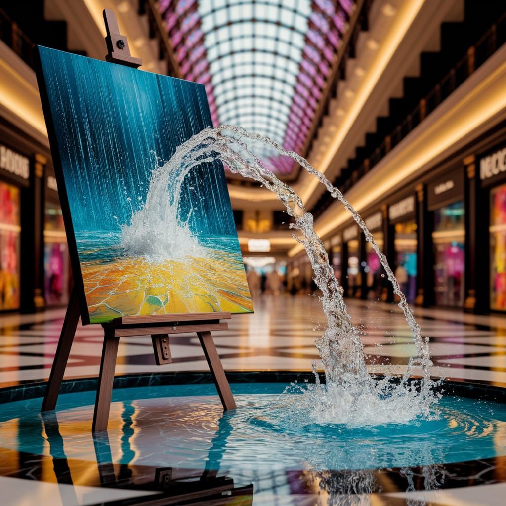Water Flooding from Painting into Fountain, Splash Art
