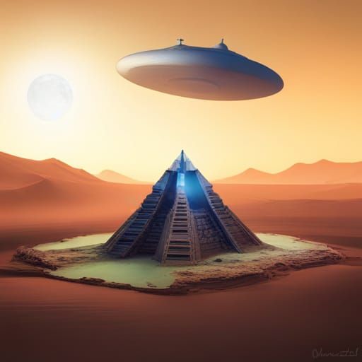 Surreal Desert Scene with Pyramid, Moon and UFO