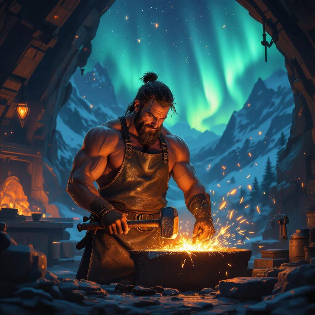Celestial Smithy Forging Heartstones in Aurora Lights